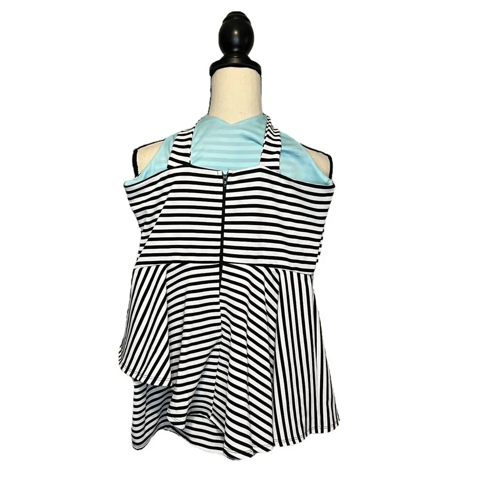 Ava & Yelly Girls Dress Size 16 Black White Stripe Romper Twirl Peplum USA